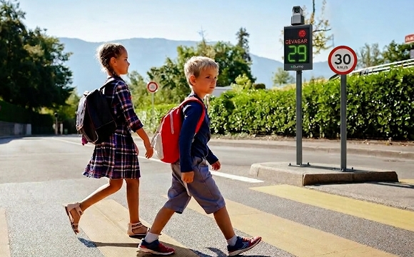 Crianças atravessando a rua próximas a radar de velocidade